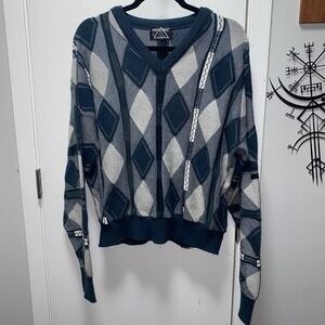 Vintage Portocruz V-Neck Teal Grey Argyle Knit Sweater Art Medium